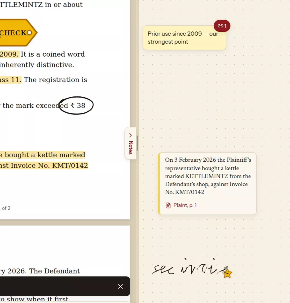 A notes board with a typed note, an excerpt with its citation and handwritten words
